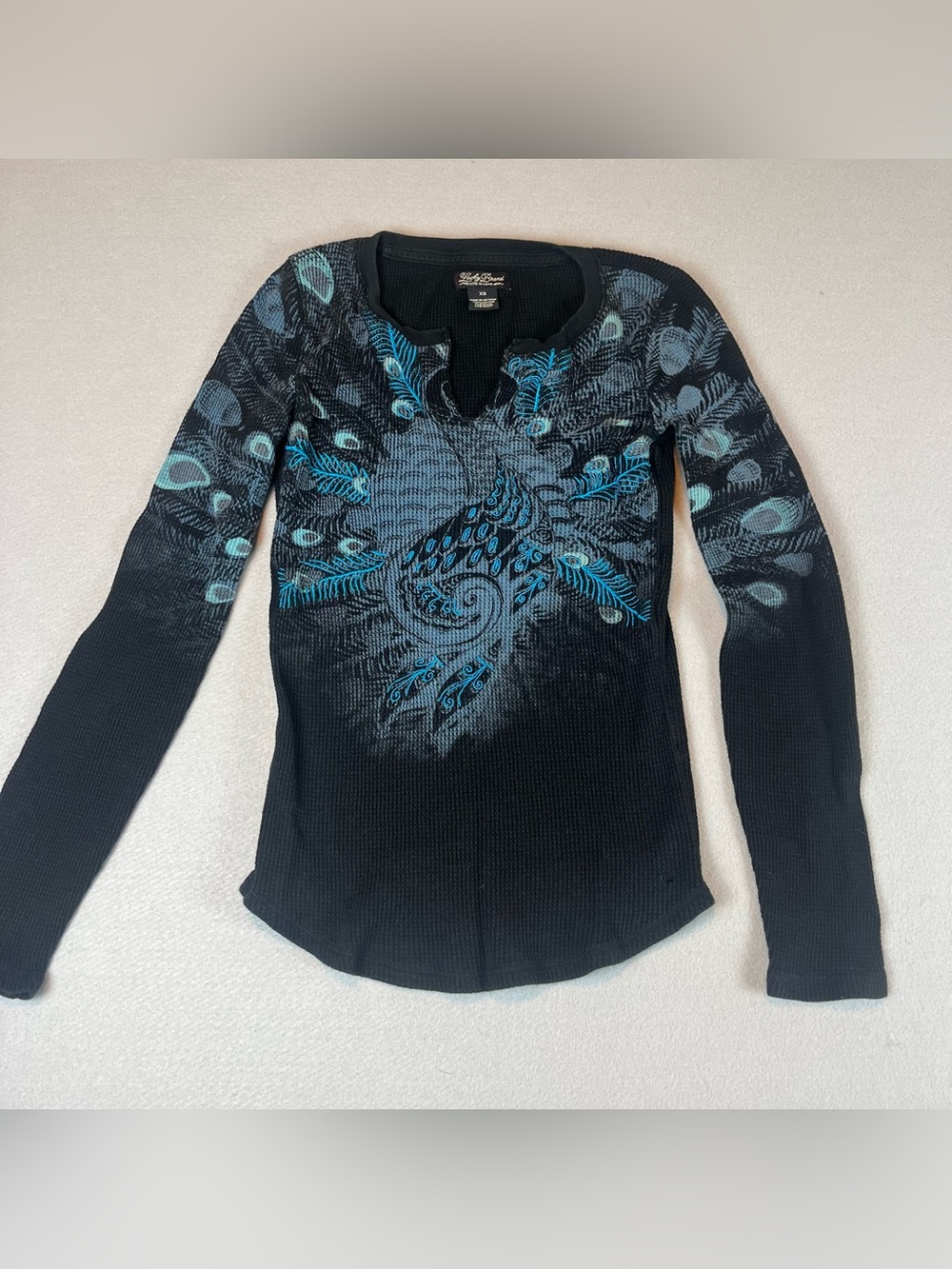 Lucky Brand Y2K Thermal Shirt Women XS Black Peacock Graphic Waffle Knit Henley